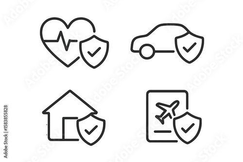 Set of 4 Insurance Line Icons: Health, Car, Home, and Travel Protection Symbols for Web and Mobile Apps, Assurance, Safety, Security, Risk Management, Policy Coverage, Vector Illustration