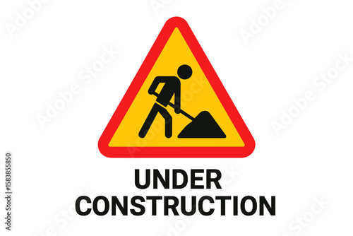 Caution Under Construction Road Sign. Warning Traffic Sign with Worker Digging Ground. Construction Zone Safety Symbol. Vector Illustration on Transparent Background. PNG and Vector Clipart.