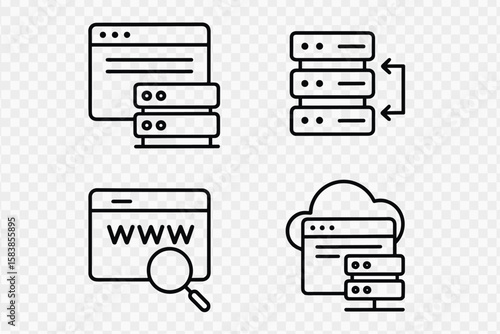 Web Hosting and Cloud Computing Line Icons Set. 4 Modern Vector Icons for Website, Data Server, Cloud Storage, Domain Search, Data Exchange, Webspace, Internet Hosting, Technology, Mobile App UI