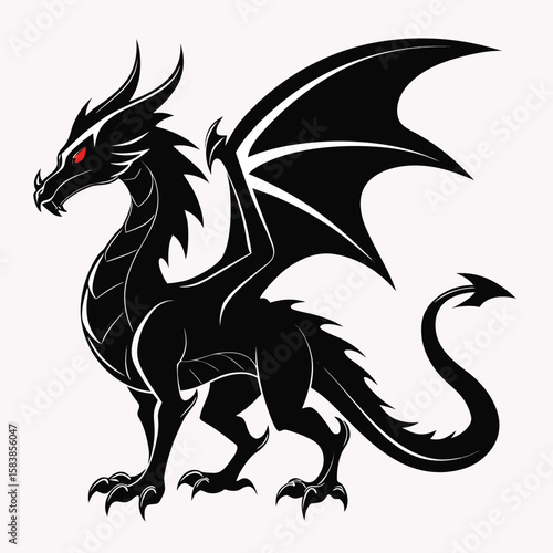 Majestic black dragon with fiery red eyes and spiked wings standing proudly against a pale background