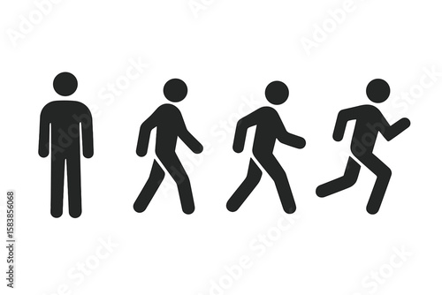 Standing, Walking, Running Man Silhouette Icon Set. Human Motion Sequence. Stick Figure Person in Different Movement Poses. Black Vector Illustration Isolated on White. Activity Progression Concept.