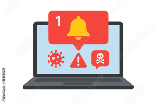 Cybersecurity Alert Notification on Laptop Screen. Virus Warning, Malware Threat, Danger Error Message, Unread Notification Bell, Security Risk Symbol, Computer Infection, Data Breach Concept