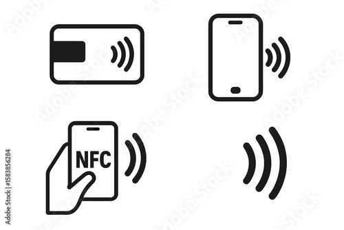 NFC Wireless Payment Technology Icons Set. Contactless Payment Methods with NFC Smartphone, Mobile Phone, Credit Card. Digital Wallet, Tap to Pay, Secure Wireless Transaction, Modern Payment Solutions