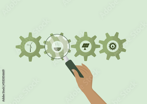 Geothermal Energy Focus Renewable Power Source Analysis. Hand with magnifying glass highlighting geothermal energy among renewable sources. Flat style. Geothermal energy concept. Vector illustration