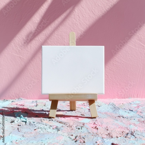 Blank mini canvas on wooden easel with pastel textured background