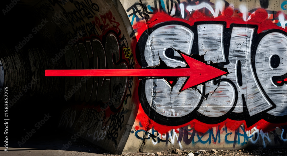 Obraz premium Vibrant graffiti with a bold red arrow pointing from darkness to artistic expression and urban creativity
