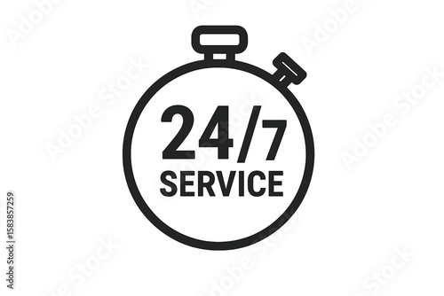 24/7 Service Support Icon, Stopwatch Symbol, Around-the-Clock Assistance, Customer Service Availability, Twenty Four Seven, Day and Night, Nonstop Help, Open All Hours, Vector Illustration
