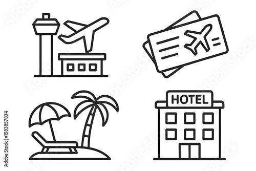 Travel icon set for tourism and vacation. Vector line art symbols of airport, flight, airline ticket, hotel booking, and beach resort. Simple outline pictogram collection.