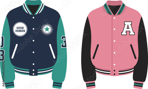 Trendy Varsity Jackets Duo with Classic Striped Ribbing, Perfect Apparel for Sportswear and Youth Fashion Designs