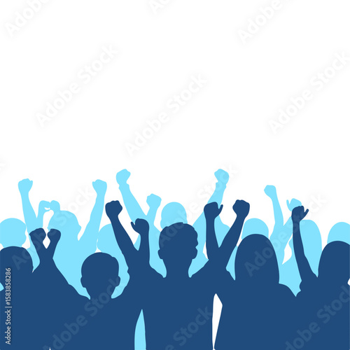 Silhouettes of crowd raising fists in celebration on white background  