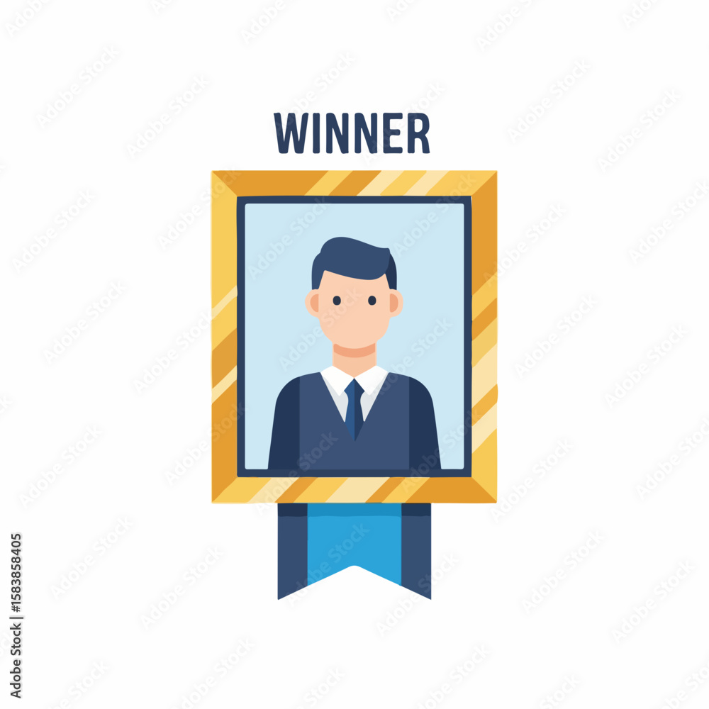 Cartoon representation of a winner with a portrait in a frame Cartoon representation of a winner with a portrait in a frame