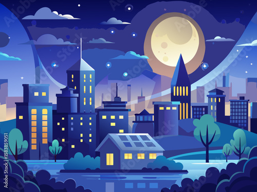 vector of The view of a moonlit night where the stars twinkle, the moon stands out beautifully and their light beautifies the city view.