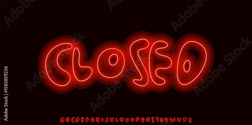 Neon closed sign glowing in red light. Bold funky lettering font for signage, shop banners, nightlife decor, business posters. Urban lettering on black bg. Night club typography. Vector illustration