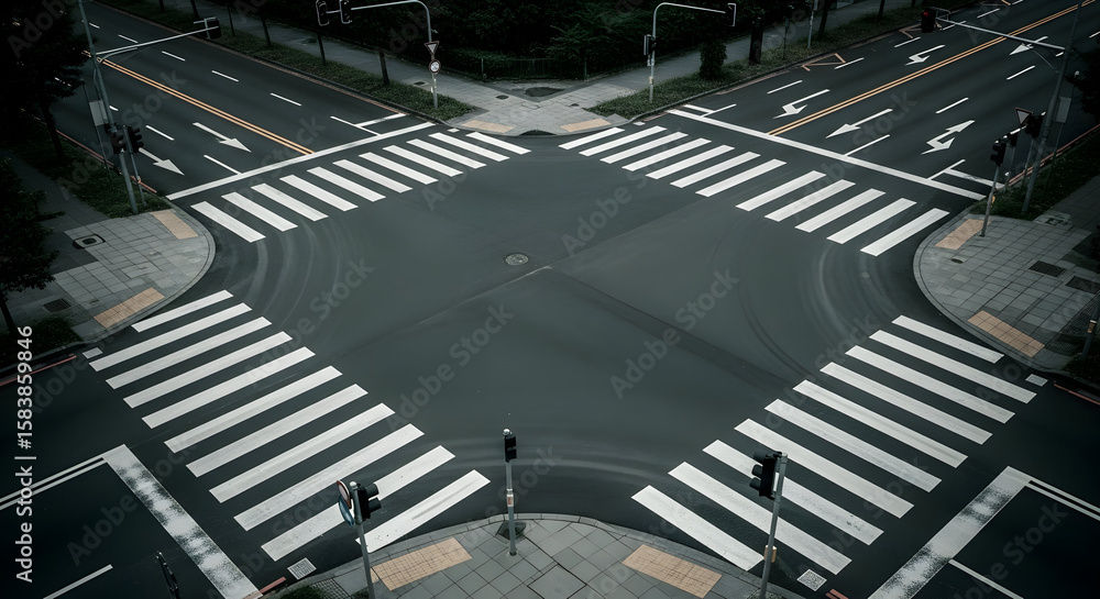 Fototapeta premium Urban Crossroads Aerial View With Pedestrian Crosswalks And Traffic Signals