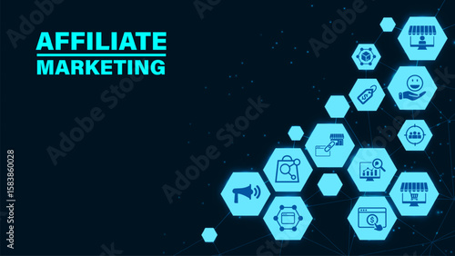Affiliate marketing concept with icons. Pay per click, buyer, publisher, link, advertising, website, SEO, merchant. Web vector infographic