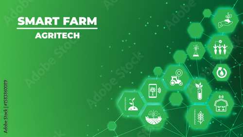 smart farm or agritech vector illustration. Banner with connected icons related to smart agriculture technology, digital iot farming methods and farm automation.