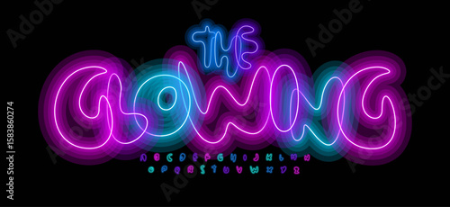 Colorful neon alphabet, glowing bold letters, funky rounded font for Halloween flyer, kids club poster, carnival sign, disco event, festive headline, luminous typographic design. Vector typeset