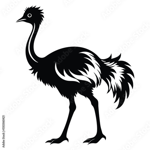 Striking Ostrich Silhouette Depiction Graceful Bird with Long Neck and Distinctive Feathers Detailed Animal Illustration