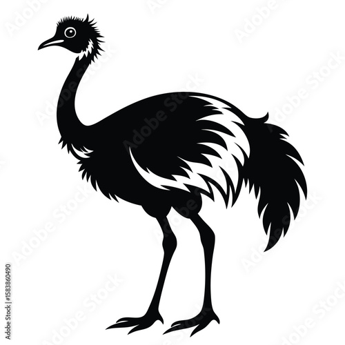 Stylized Silhouette of an Emu Bird with Long Neck and Feathery Body