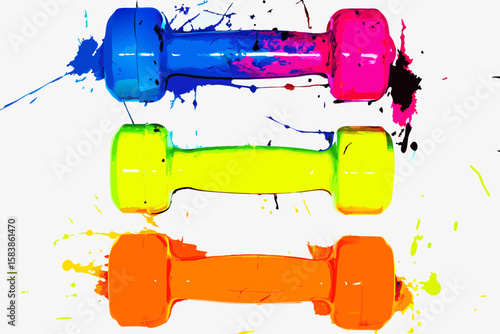 Colorful dumbbells for fitness are displayed against a stark white background, stacked neatly one above another. Fitness dumbbells showcase vibrant hues and abstract paint splashes,