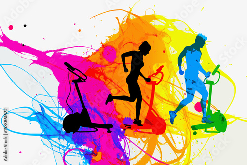 Sports exercise shows silhouettes training on treadmills. Sports exercise enhances fitness routine with cardio workouts on colorful background.