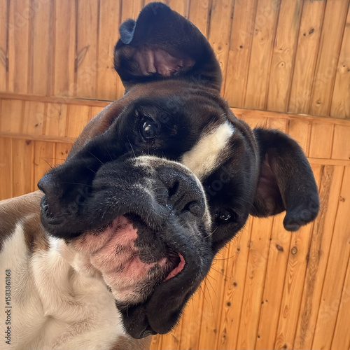 Cute Boxer Dog Making a Silly Face. Funny Boxer Dog Close-Up with Goofy Expression. Close-Up of Playful Boxer Dog Tilting Head