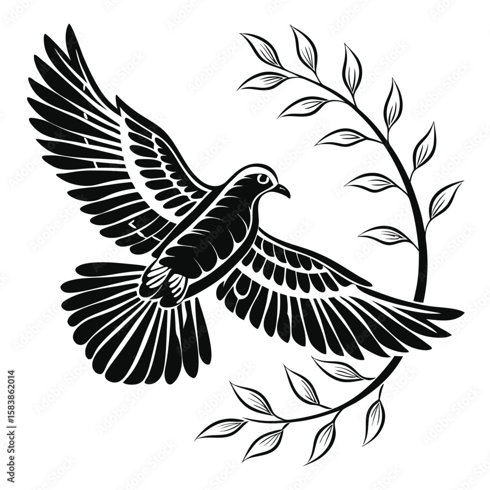 Fototapeta premium Dove of Peace Flying with an Olive Branch in a Black and White Illustration
