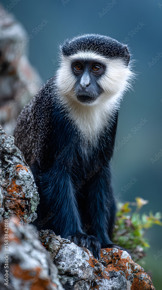Obraz premium A monkey with a white face and black hair is sitting on a rock