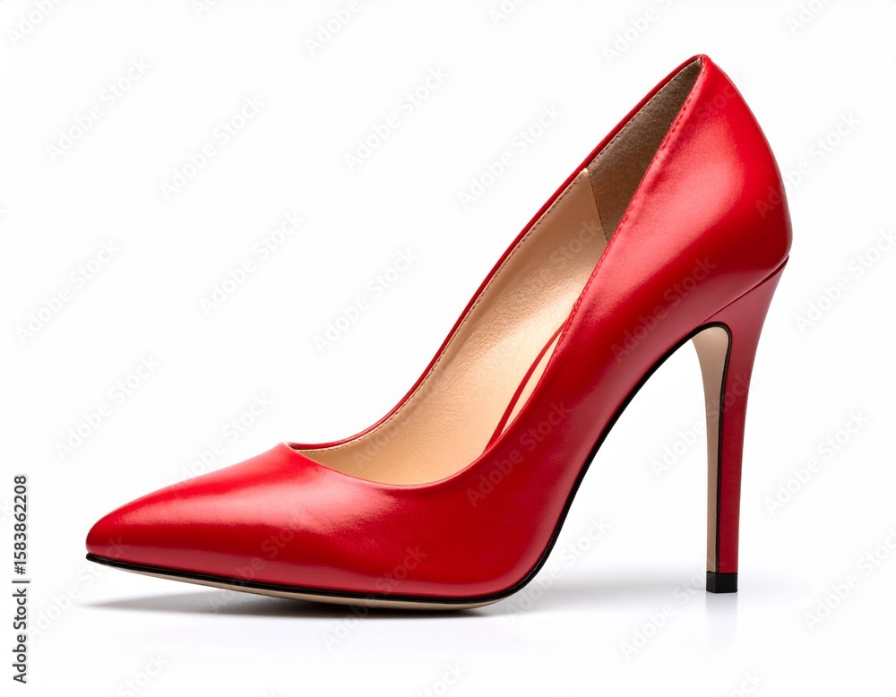Elegant red stiletto heel shoe on a white background, exuding confidence and style. Elegant red stiletto heel shoe on a white background, exuding confidence and style.
