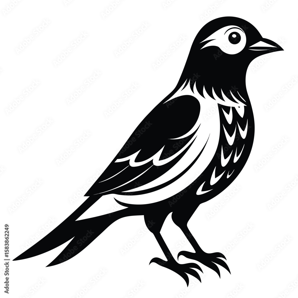 Fototapeta premium Stylized Black and White Illustration of a Songbird Perched on the Ground
