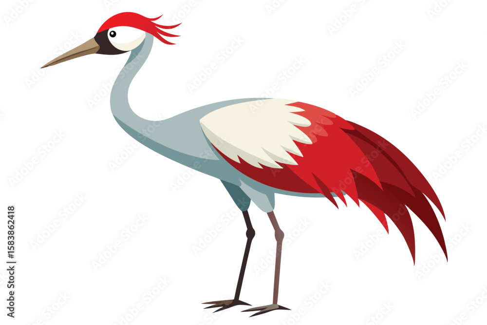 Obraz premium Cartoon Illustration of a Red Crowned Crane Standing Tall