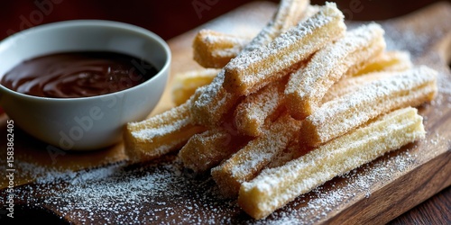 Delicious spanish churros dessert with chocolate dipping sauce