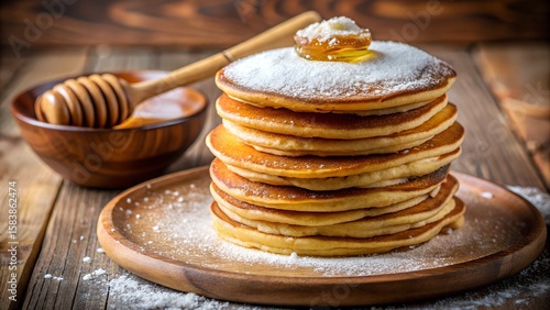 Wallpaper Mural A tall stack of fluffy pancakes drizzled with honey and dusted with powdered sugar Torontodigital.ca