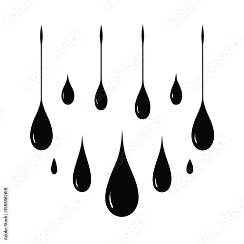 Abstract arrangement of dripping black liquid drops silhouette