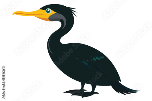 Elegant Cartoon Cormorant Bird with Sleek Black Feathers and a Bright Yellow Beak
