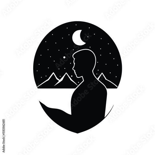 Man in profile looking at a starry night sky with moon and mountains silhouette