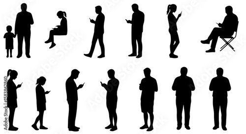 Silhouettes of people using mobile devices create a scene, showing varied figures with cellphones. These silhouettes with cellphones represent a connected world.