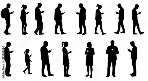 Silhouette of people using their smartphones. Silhouette of people includes variety of poses and ages with electronic devices in hand.