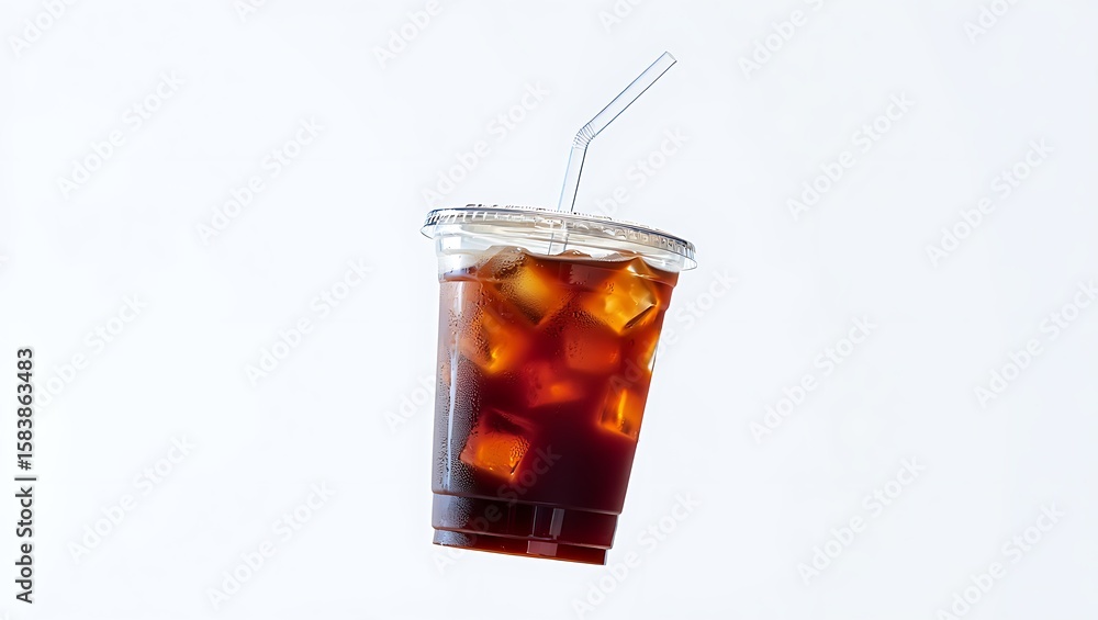 A clear plastic cup filled with ice coffee and a straw against a white background A clear plastic cup filled with ice coffee and a straw against a white background