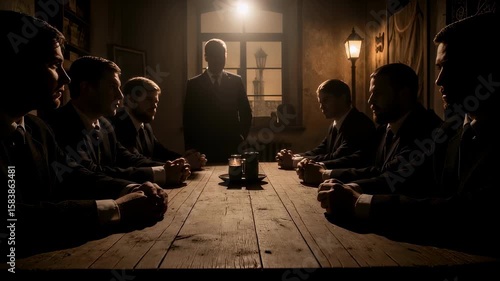 Men gathered for secret meeting in dimly lit room. Underground resistance or criminal organization. Atmospheric scene with shadowy figures around wooden table. Suspense concept.