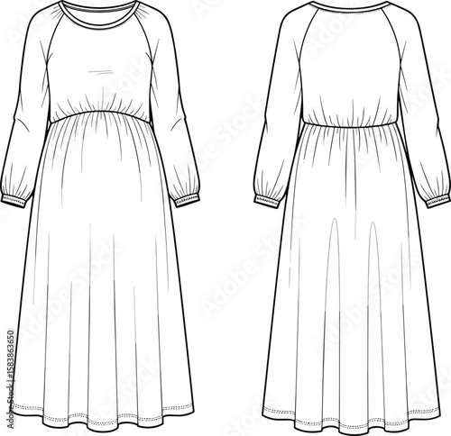 Fashion flat sketch, long sleeve dress, maternity wear design, gathered waist, raglan sleeve, women’s clothing template, technical drawing, vector apparel illustration