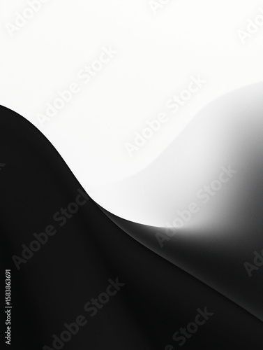 A monochromatic gradient background, soft curves of black and white interlace smoothly, forming an abstract landscape
