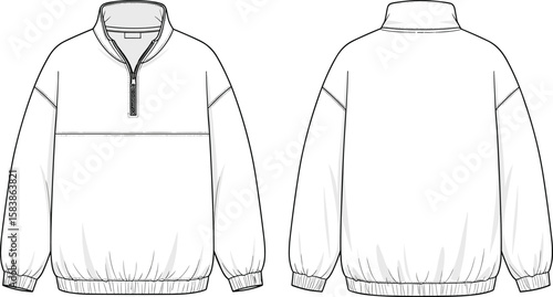 Quarter zip pullover flat sketch, vector sweatshirt design, technical fashion drawing, long sleeve casual top, front and back view, clothing template
