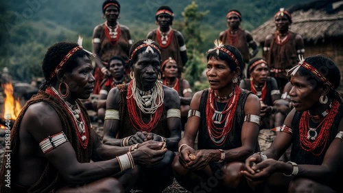 Indigenous tribe gathering in traditional attire. African men and women with face paint and jewelry. Cultural ceremony in forest. Ethnic diversity and heritage concept.