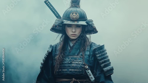 A young Asian woman in traditional samurai armor stands confidently in a misty environment. She has long dark hair and a serious expression, holding a katana.