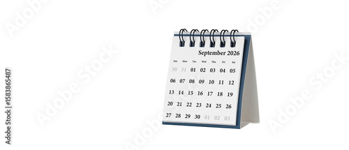 Desktop calendar for September 2026 in white colour. Mini planner for business and finance, spiral view on isolated white background close up.