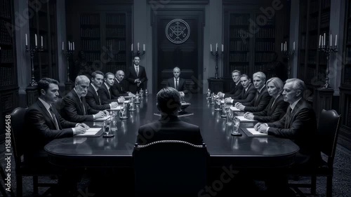 Shadowy boardroom meeting with executives in dark suits around long table. Corporate power, secret negotiations, leadership concept. Dramatic noir-style business scene.