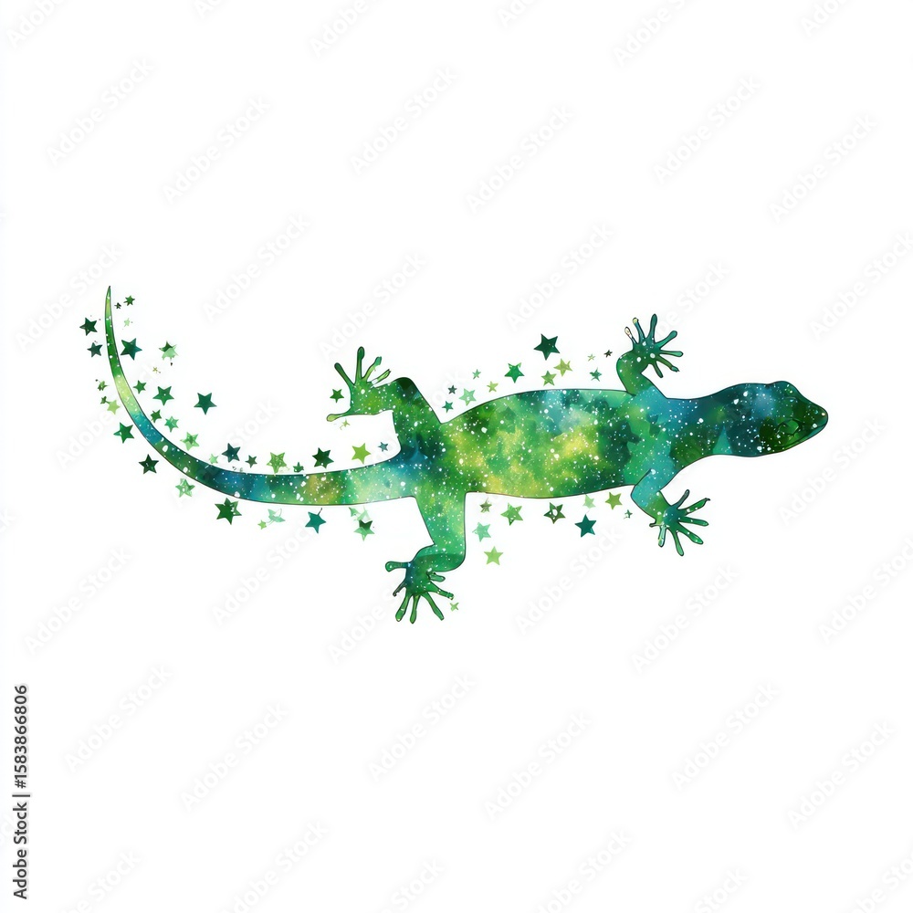 Fototapeta premium A stylized lizard illustration with a galaxy-like green color scheme and scattered star details