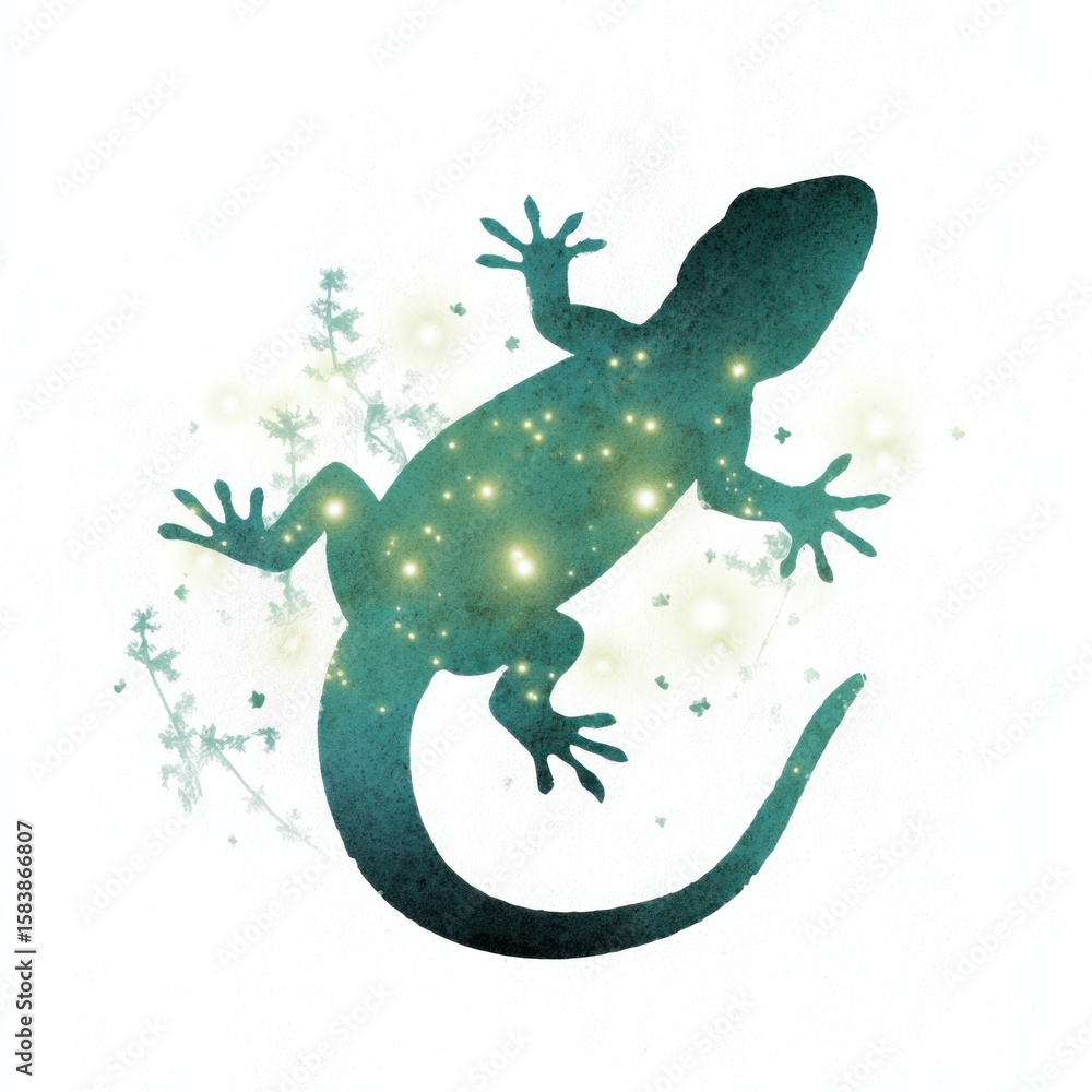 Naklejka premium Teal lizard silhouette with glowing spots and foliage