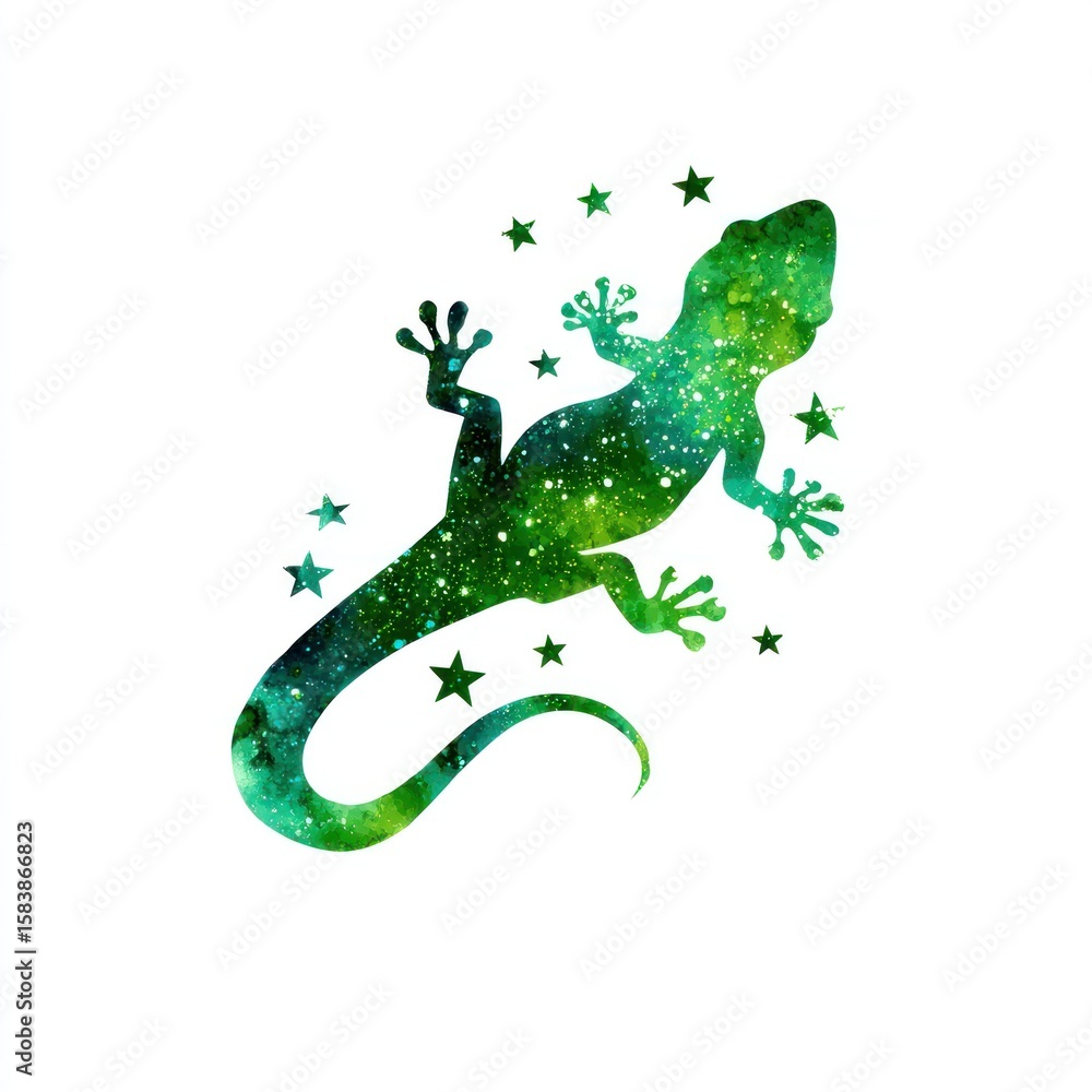 Fototapeta premium A vibrant green gecko, speckled with starry nebulae, against a white background